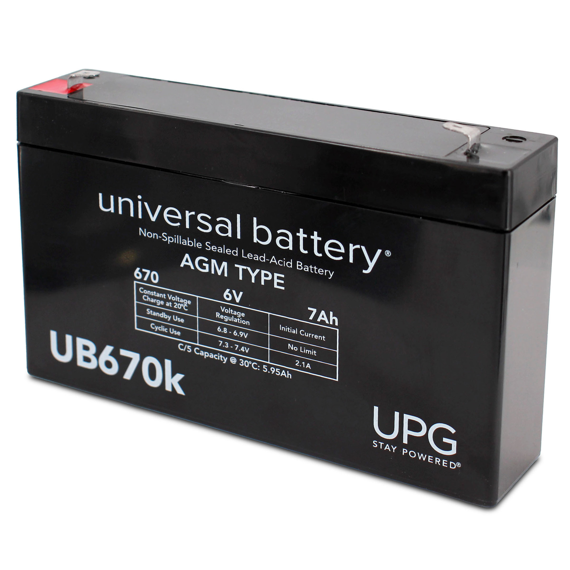 UPG Sealed Lead-Acid Battery, AGM-type, 6V, 7 Amps, Model# UB670